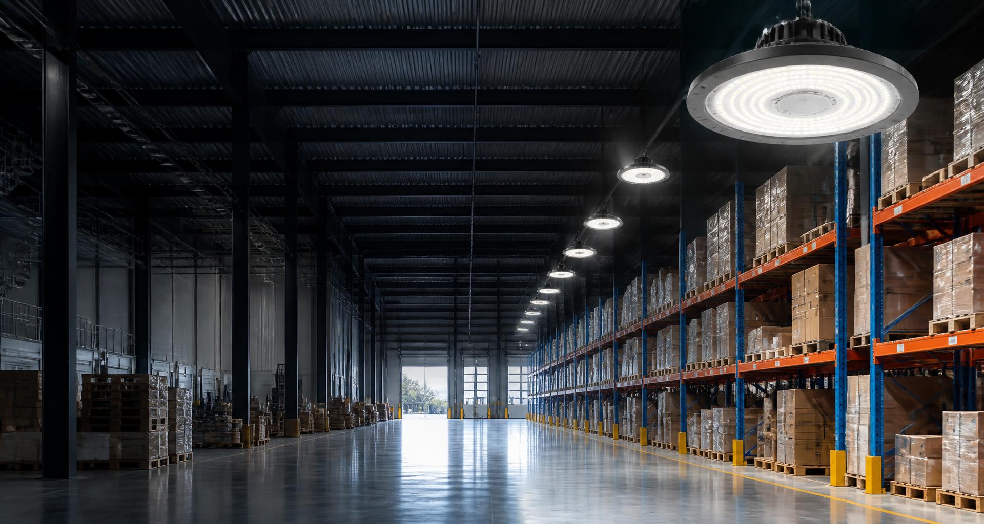 Lagerlokal upplyst med LED High Bay-armaturer